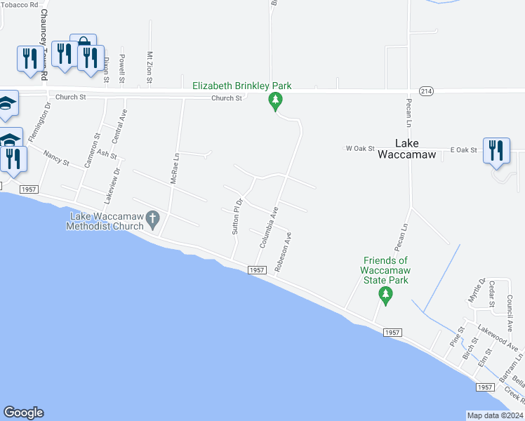 map of restaurants, bars, coffee shops, grocery stores, and more near 37 Stuart Avenue in Lake Waccamaw