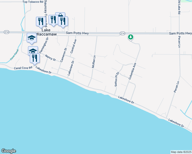 map of restaurants, bars, coffee shops, grocery stores, and more near 104 East Cypress Street in Lake Waccamaw