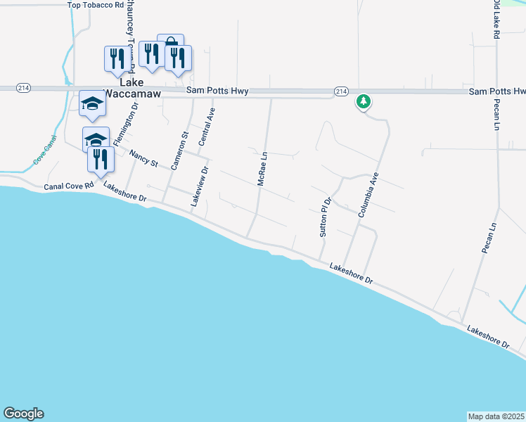 map of restaurants, bars, coffee shops, grocery stores, and more near 407 McRae Lane in Lake Waccamaw