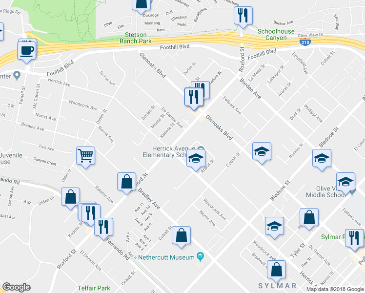 map of restaurants, bars, coffee shops, grocery stores, and more near 15336 Roxford Street in Sylmar