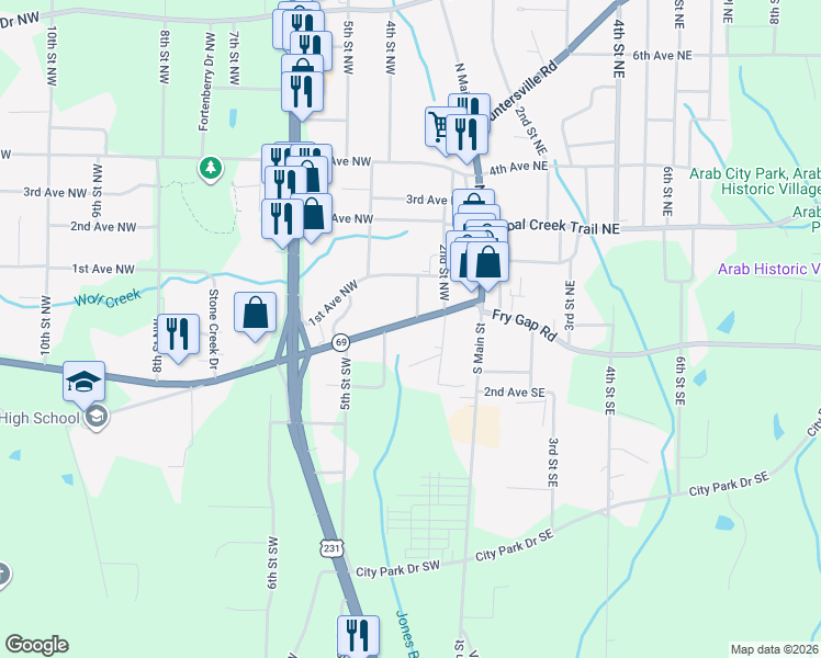 map of restaurants, bars, coffee shops, grocery stores, and more near 15 4th Street Northwest in Arab