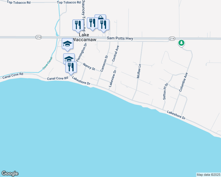 map of restaurants, bars, coffee shops, grocery stores, and more near 400 Lakeshore Drive in Lake Waccamaw