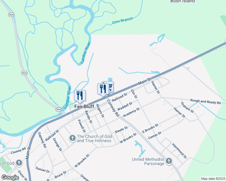 map of restaurants, bars, coffee shops, grocery stores, and more near 804 Main Street in Fair Bluff