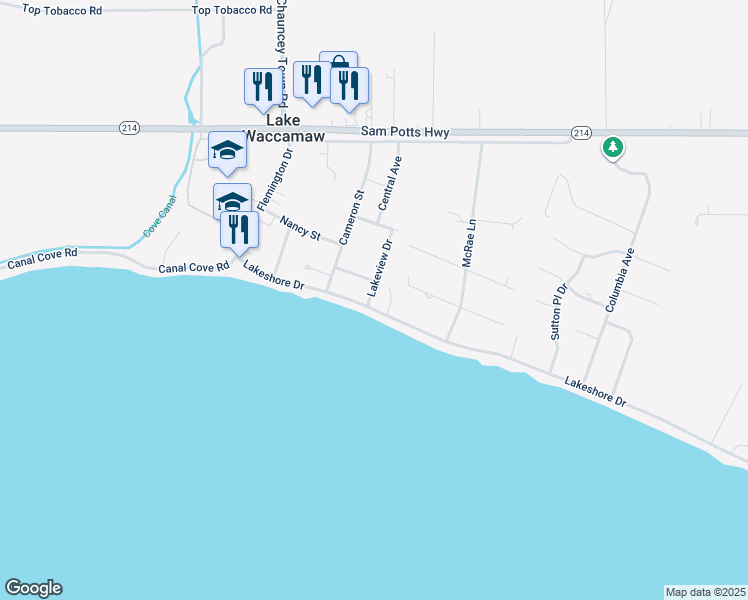 map of restaurants, bars, coffee shops, grocery stores, and more near 400 Lakeshore Drive in Lake Waccamaw