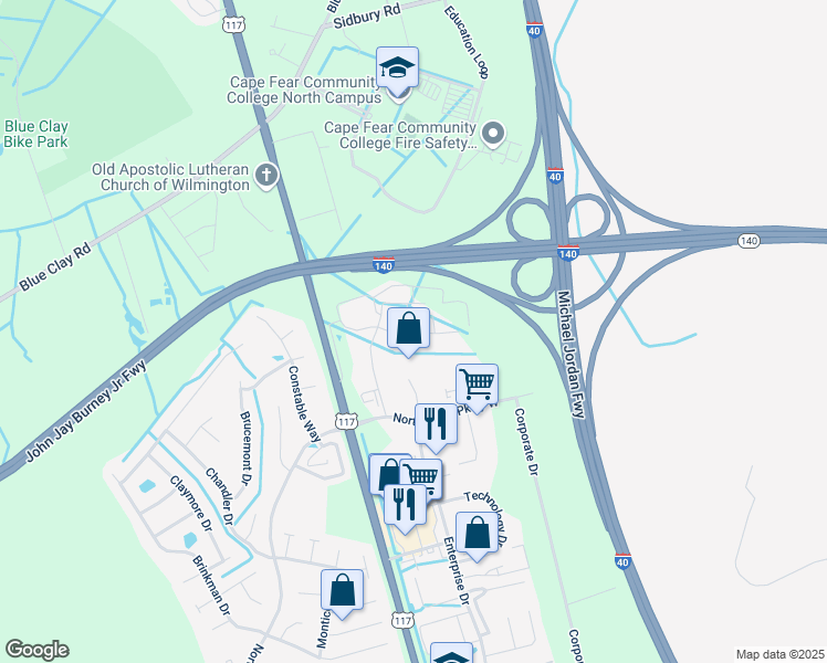 map of restaurants, bars, coffee shops, grocery stores, and more near 4510 Coddington Loop in Wilmington
