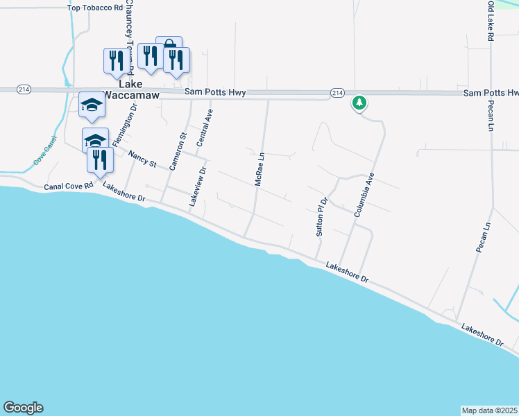 map of restaurants, bars, coffee shops, grocery stores, and more near 407 McRae Lane in Lake Waccamaw