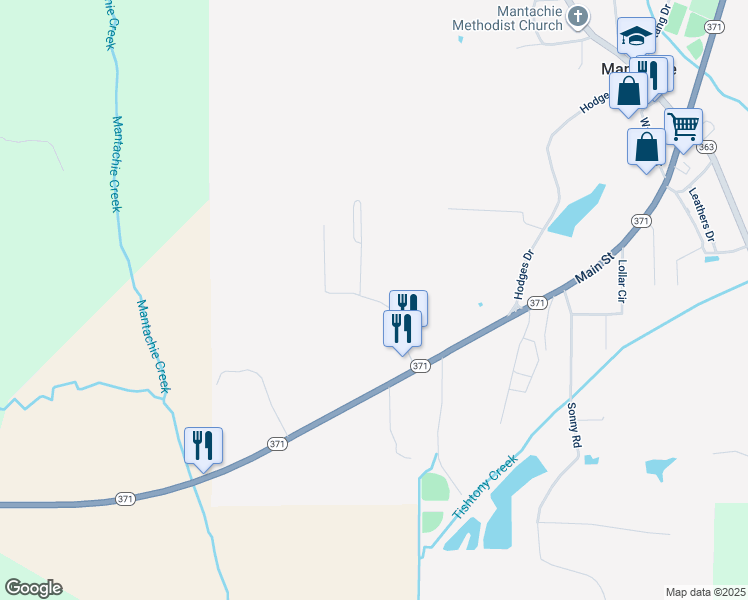 map of restaurants, bars, coffee shops, grocery stores, and more near 281 Devaughn Road in Mantachie