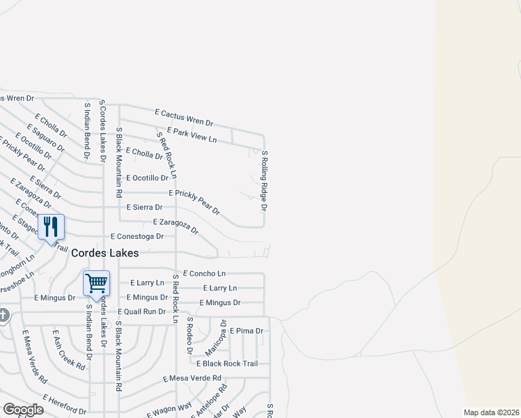 map of restaurants, bars, coffee shops, grocery stores, and more near 15590 South Rolling Ridge Drive in Mayer