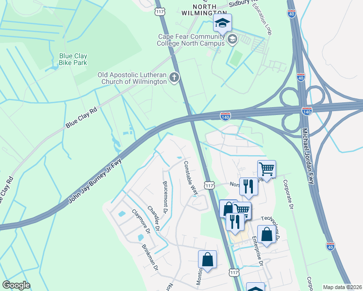 map of restaurants, bars, coffee shops, grocery stores, and more near 3437 Constable Way in Wilmington