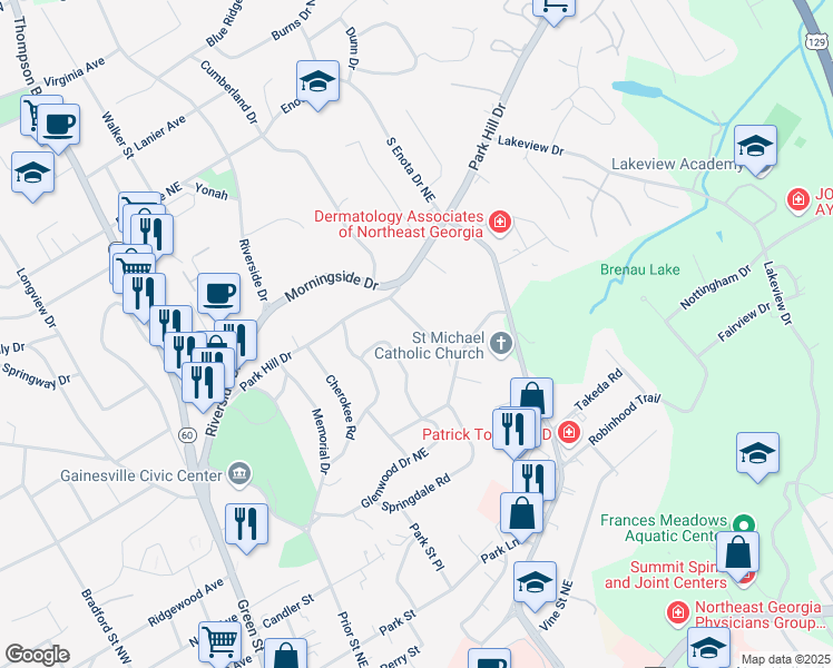 map of restaurants, bars, coffee shops, grocery stores, and more near 909 Park Hill Place in Gainesville