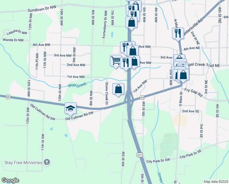 map of restaurants, bars, coffee shops, grocery stores, and more near 25 North Brindlee Mountain Parkway in Arab