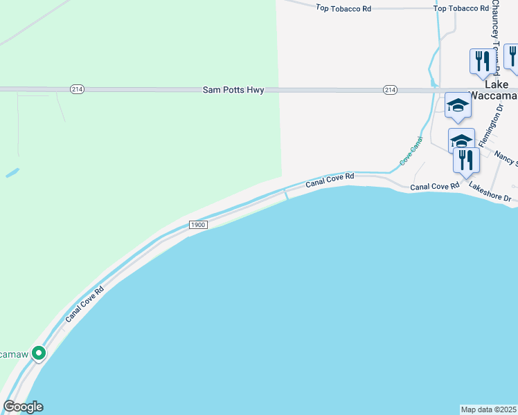 map of restaurants, bars, coffee shops, grocery stores, and more near 802 Canal Cove Road in Lake Waccamaw