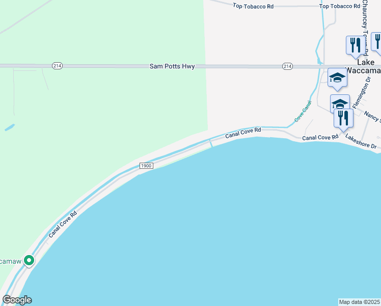 map of restaurants, bars, coffee shops, grocery stores, and more near 802 Canal Cove Road in Lake Waccamaw