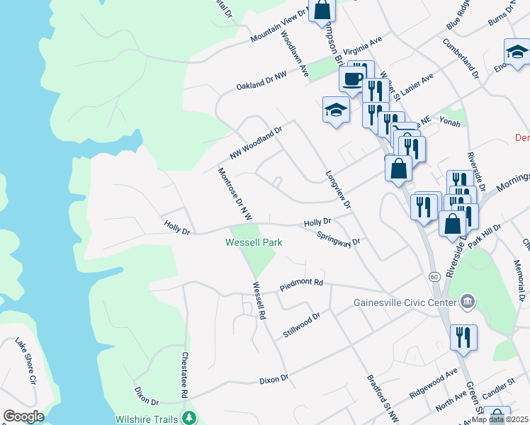 map of restaurants, bars, coffee shops, grocery stores, and more near 486 Holly Place in Gainesville