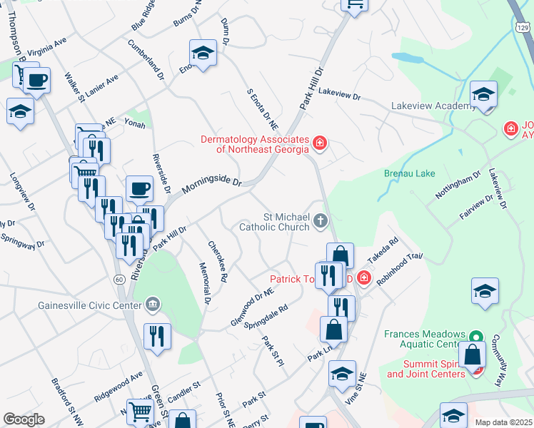map of restaurants, bars, coffee shops, grocery stores, and more near 909 Park Hill Place in Gainesville