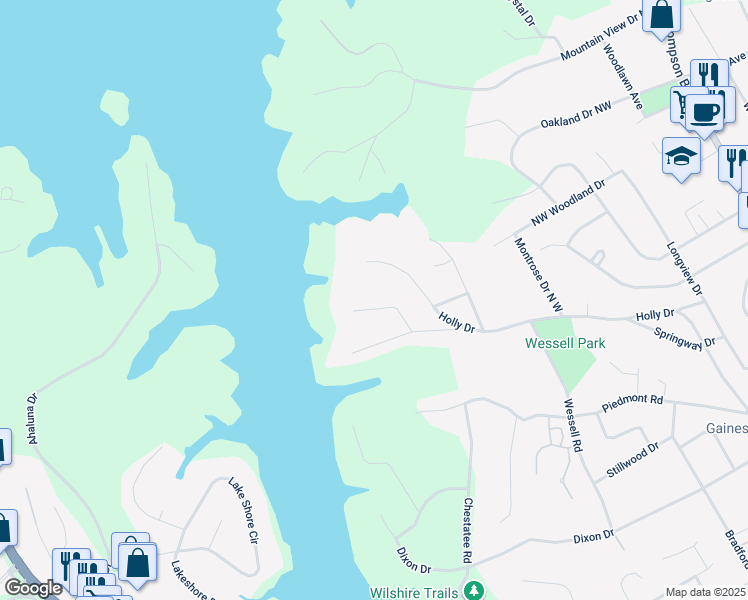 map of restaurants, bars, coffee shops, grocery stores, and more near 808 Sherwood Road North West in Gainesville