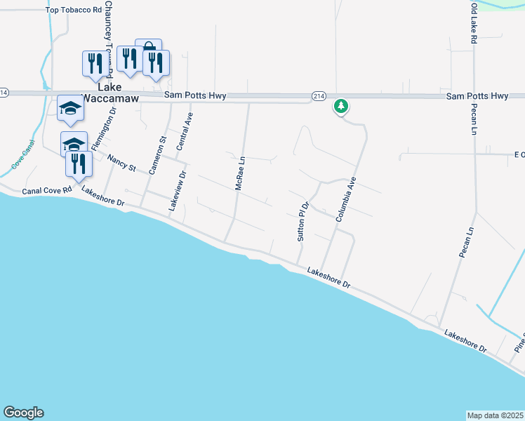 map of restaurants, bars, coffee shops, grocery stores, and more near 109 East White Oak Street in Lake Waccamaw