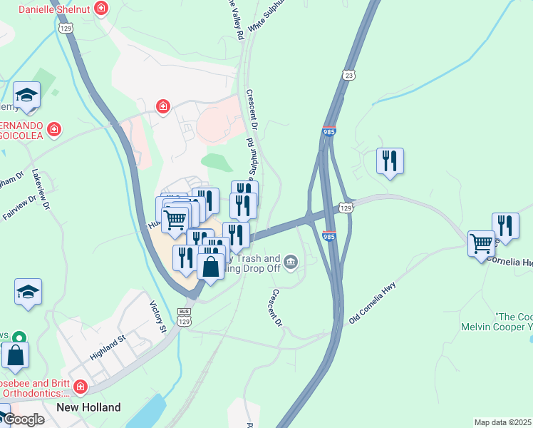 map of restaurants, bars, coffee shops, grocery stores, and more near 375 Crescent Drive in Gainesville