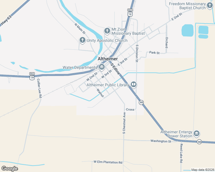 map of restaurants, bars, coffee shops, grocery stores, and more near 211 South Olive Street in Altheimer