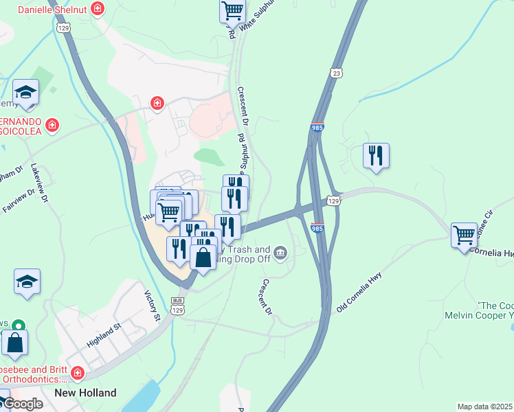 map of restaurants, bars, coffee shops, grocery stores, and more near 375 Crescent Drive in Gainesville