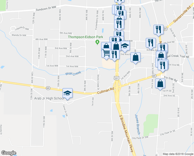 map of restaurants, bars, coffee shops, grocery stores, and more near 720 Cullman Road in Arab