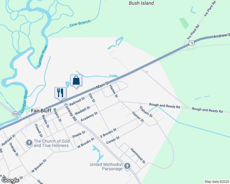 map of restaurants, bars, coffee shops, grocery stores, and more near 93 Hamer Street in Fair Bluff