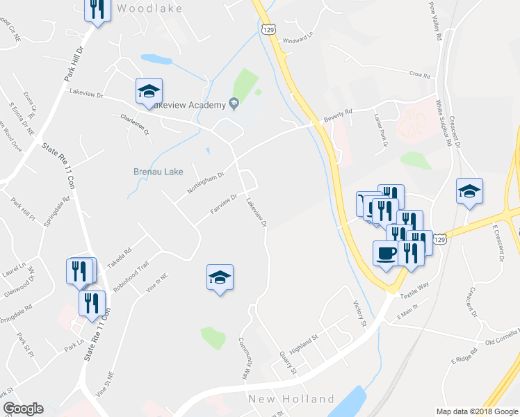map of restaurants, bars, coffee shops, grocery stores, and more near 574 Lakeview Drive in Gainesville