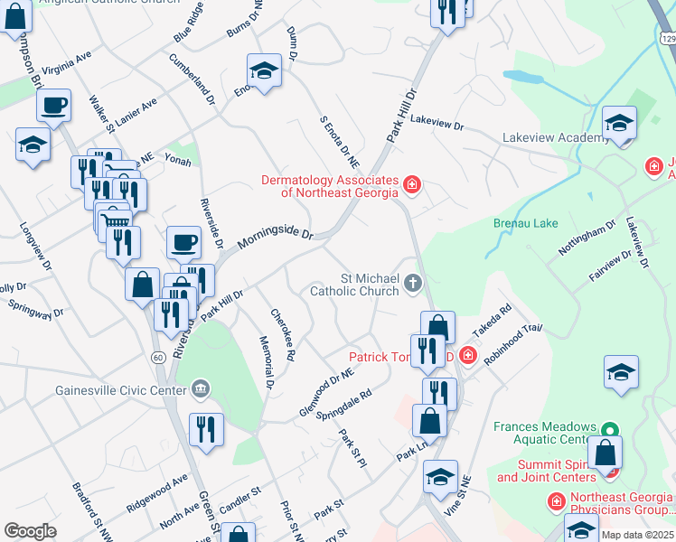 map of restaurants, bars, coffee shops, grocery stores, and more near 925 Park Hill Place in Gainesville