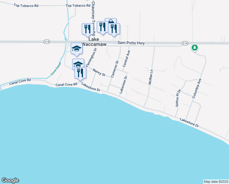 map of restaurants, bars, coffee shops, grocery stores, and more near 308 Lakeshore Drive in Lake Waccamaw