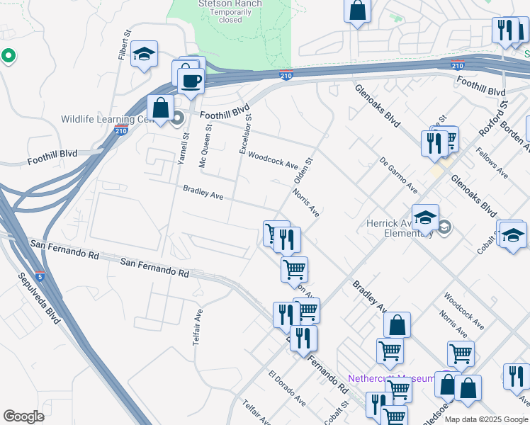 map of restaurants, bars, coffee shops, grocery stores, and more near 13465 Bradley Avenue in Los Angeles