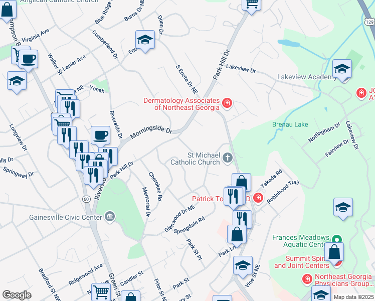 map of restaurants, bars, coffee shops, grocery stores, and more near 925 Park Hill Place in Gainesville