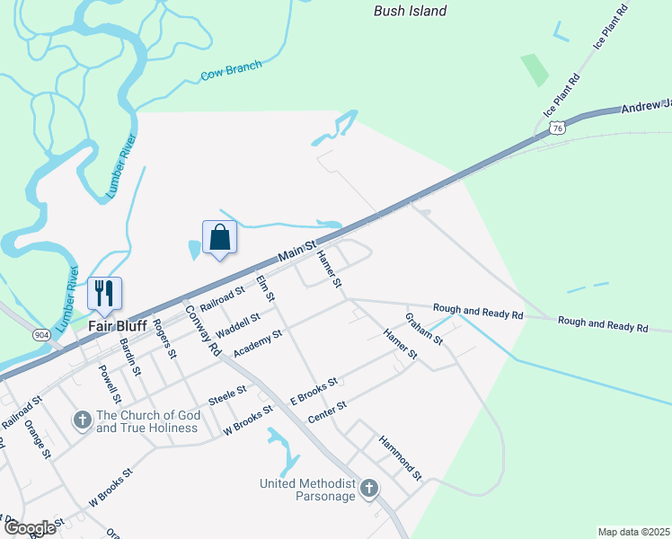 map of restaurants, bars, coffee shops, grocery stores, and more near 93 Hamer Street in Fair Bluff