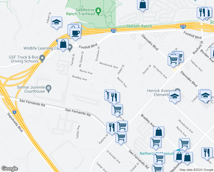 map of restaurants, bars, coffee shops, grocery stores, and more near 13465 Bradley Avenue in Los Angeles