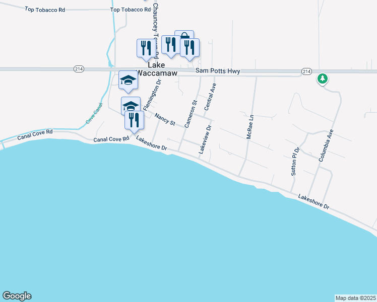map of restaurants, bars, coffee shops, grocery stores, and more near 306 Lakeshore Drive in Lake Waccamaw