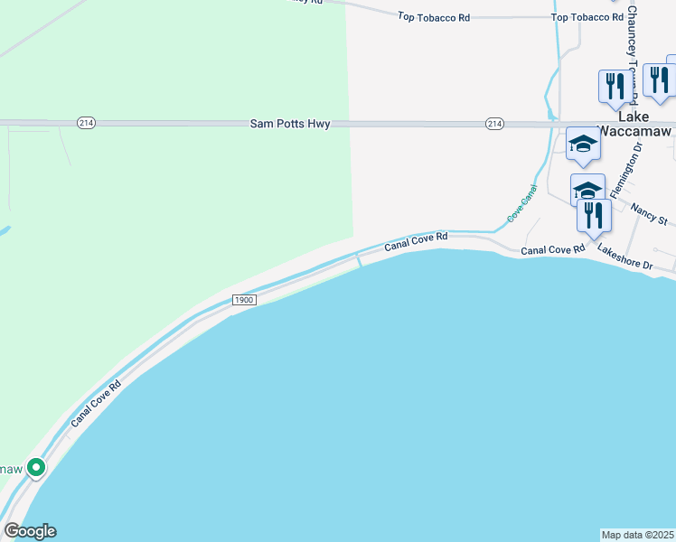 map of restaurants, bars, coffee shops, grocery stores, and more near 708 Canal Cove Road in Lake Waccamaw