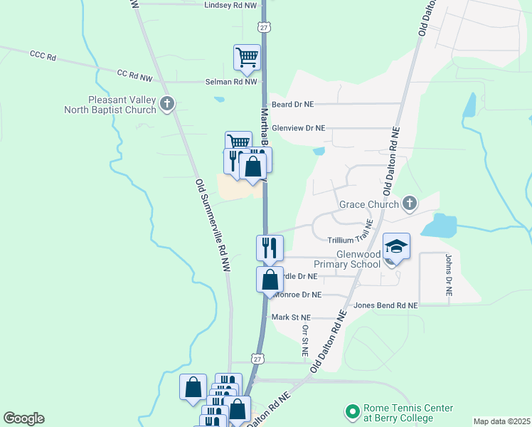map of restaurants, bars, coffee shops, grocery stores, and more near 3355 Martha Berry Highway in Rome