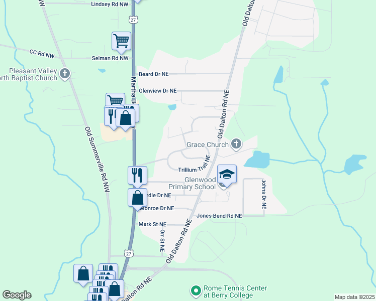 map of restaurants, bars, coffee shops, grocery stores, and more near 21 Trillium Trail Northeast in Rome