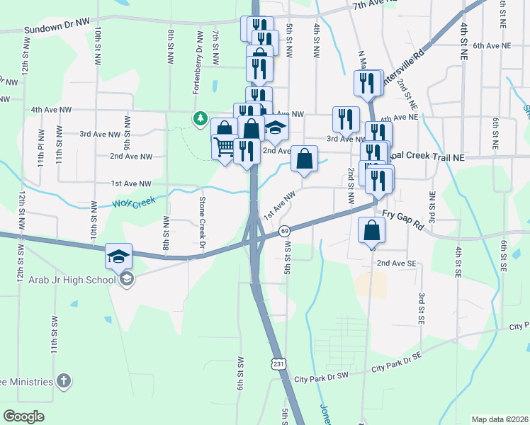 map of restaurants, bars, coffee shops, grocery stores, and more near 556 1st Avenue Northwest in Arab