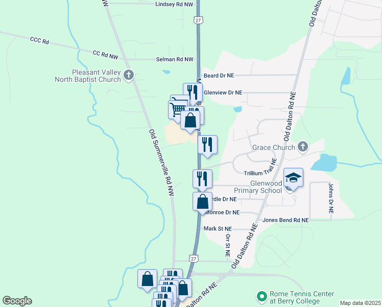 map of restaurants, bars, coffee shops, grocery stores, and more near 3297 Martha Berry Highway in Rome