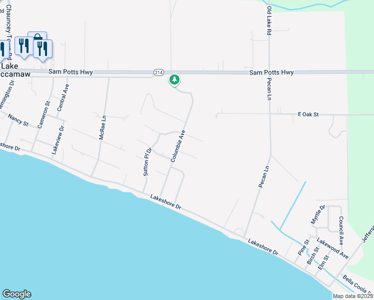 map of restaurants, bars, coffee shops, grocery stores, and more near 104 Pecan Avenue in Lake Waccamaw