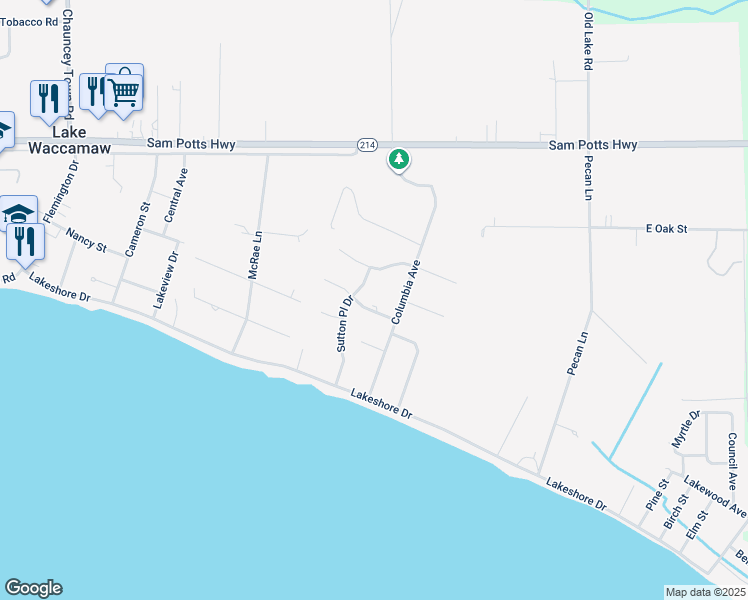 map of restaurants, bars, coffee shops, grocery stores, and more near 110 Stuart Avenue in Lake Waccamaw