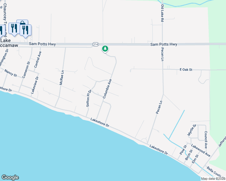 map of restaurants, bars, coffee shops, grocery stores, and more near 104 Pecan Avenue in Lake Waccamaw