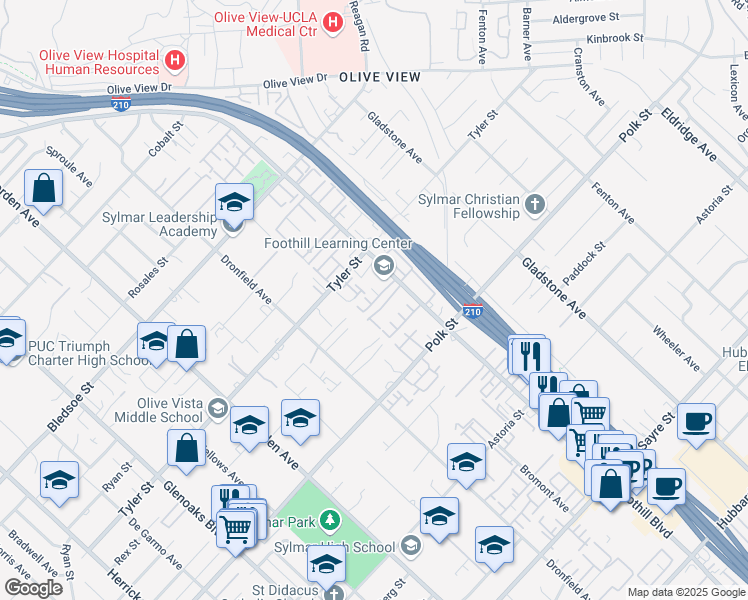 map of restaurants, bars, coffee shops, grocery stores, and more near 14200 Foothill Boulevard in Los Angeles