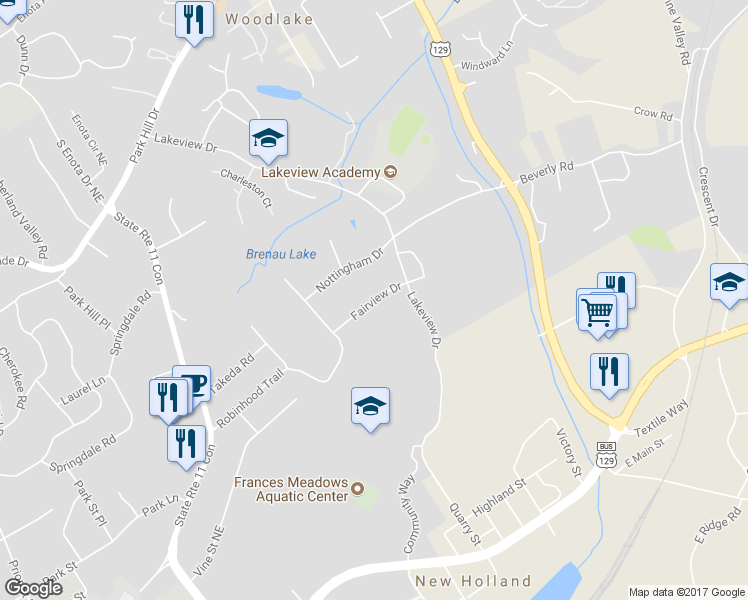 map of restaurants, bars, coffee shops, grocery stores, and more near 1760 Fairview Drive in Gainesville