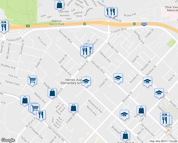 map of restaurants, bars, coffee shops, grocery stores, and more near 13490 De Garmo Avenue in Los Angeles