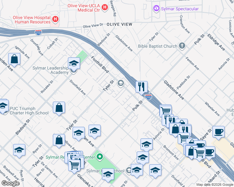 map of restaurants, bars, coffee shops, grocery stores, and more near 14200 Foothill Boulevard in Los Angeles