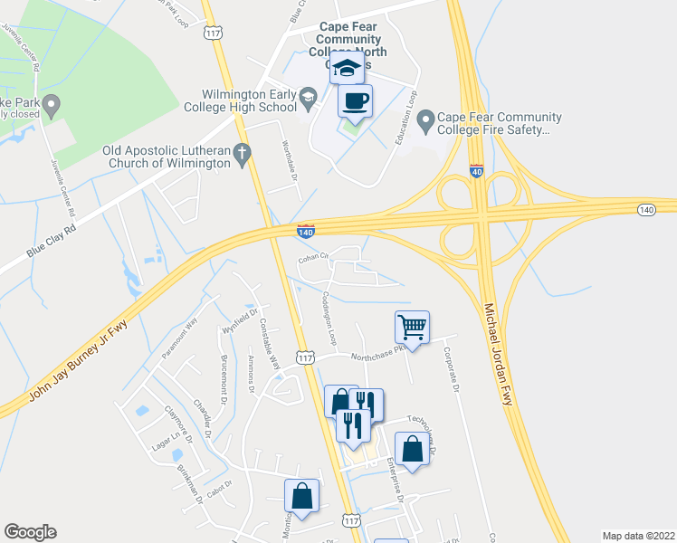 map of restaurants, bars, coffee shops, grocery stores, and more near 4529 Coddington Loop in Wilmington