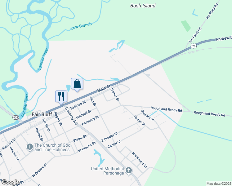 map of restaurants, bars, coffee shops, grocery stores, and more near 73 Hamer Street in Fair Bluff