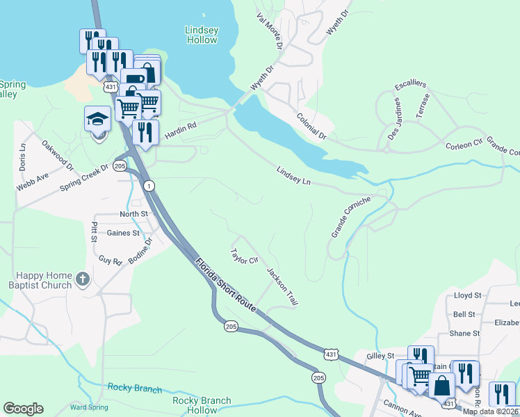 map of restaurants, bars, coffee shops, grocery stores, and more near 3034 Woodview Road North in Guntersville