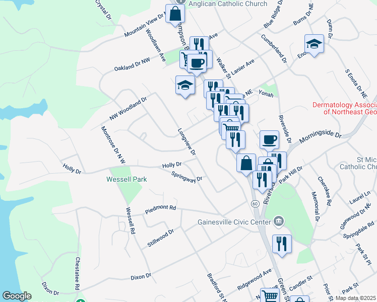 map of restaurants, bars, coffee shops, grocery stores, and more near 1240 Longview Drive in Gainesville